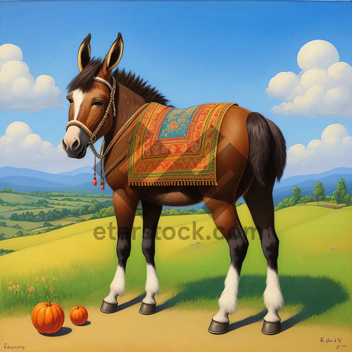 Picture of Beautiful Chestnut Stallion Grazing in Rural Meadow