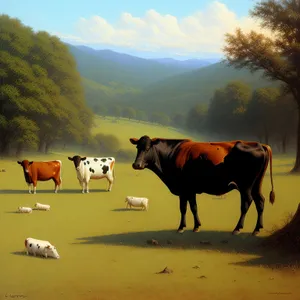 Rural Landscape with Grazing Cows and Horses