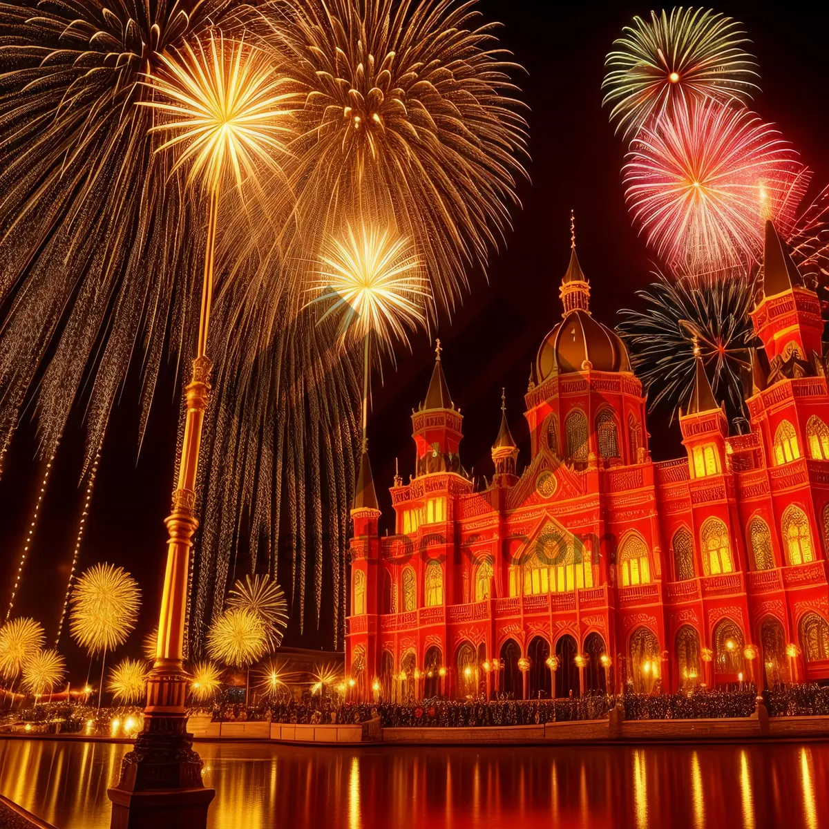 Picture of Stunning Nighttime Cathedral Illuminated with Fireworks