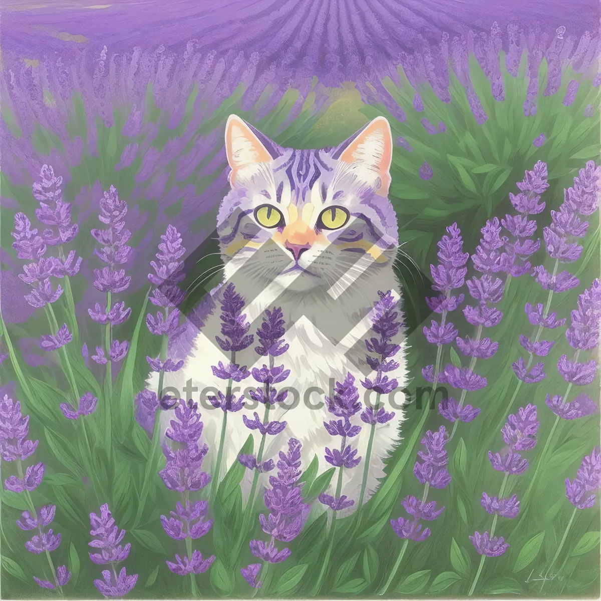 Picture of Lovely Lilac Kitty among Lavender Flowers