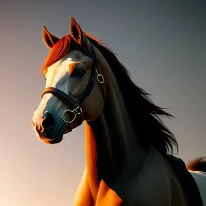 Thoroughbred Stallion Wearing Equestrian Mask Outdoors