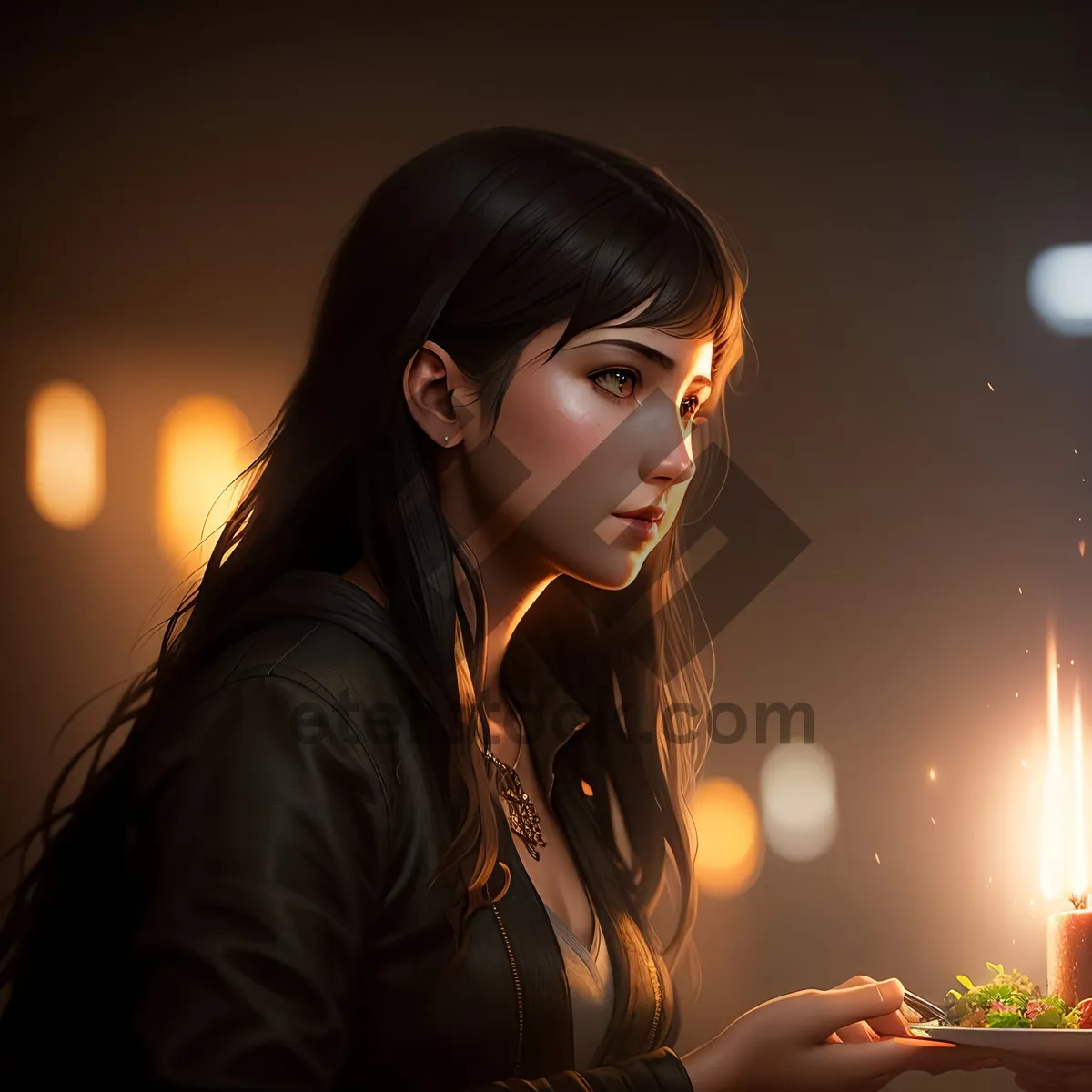 Picture of Attractive brunette lady with candle in fashionable night attire.