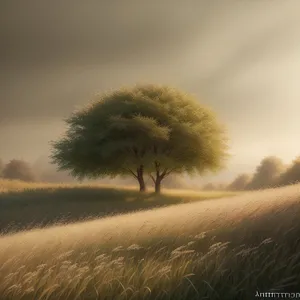Sunny agricultural landscape with rolling meadows and wheat fields