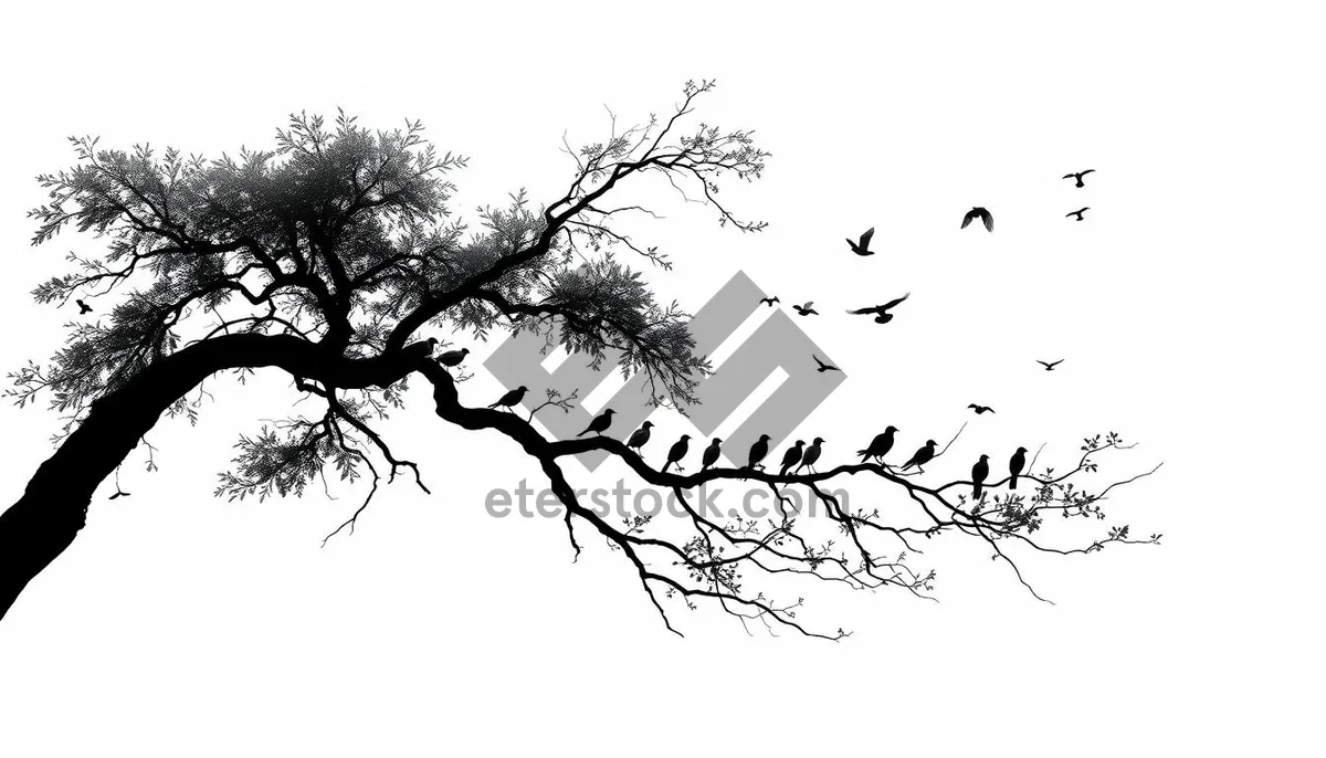 Picture of Black silhouette of oak tree branches in season.