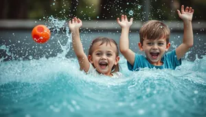 Happy child swimming in pool during summer vacation.