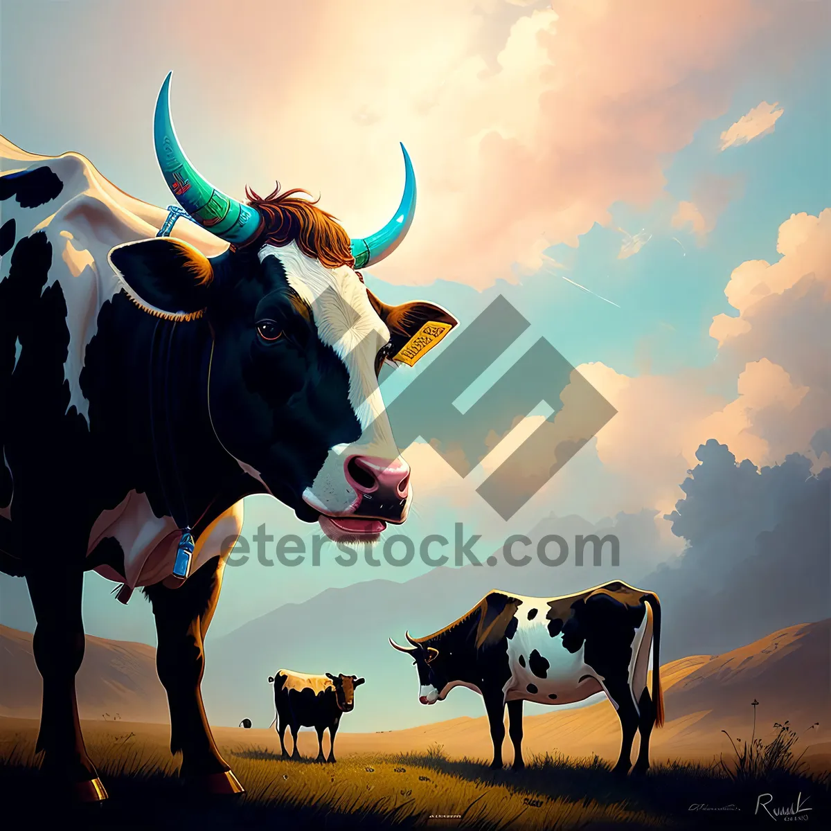 Picture of Sunset Grazing: Black Cows and Horse in Rural Ranch