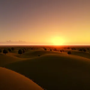 Sandy Horizon: Beachy Sunset Over Desert Dunes