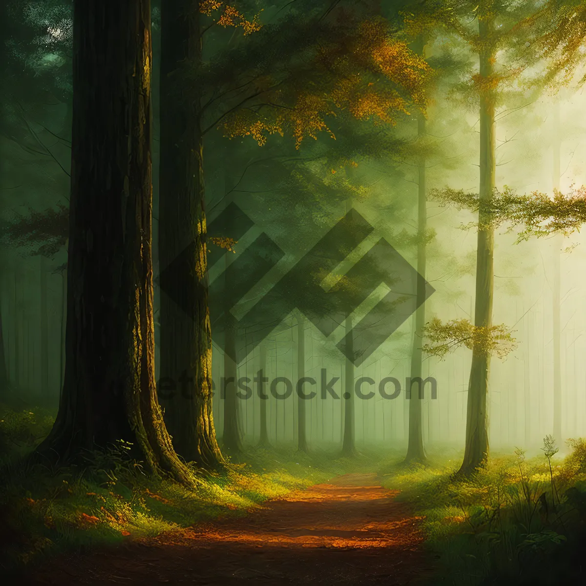 Picture of Misty Morning Path Through Colorful Autumn Woods