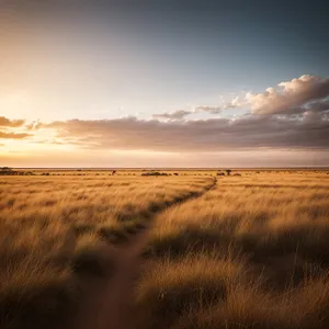 Sunset over the Golden Steppe: Majestic Skyline Silhouetting Vast Plains