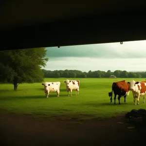 Rural Cattle Grazing in Green Pasture