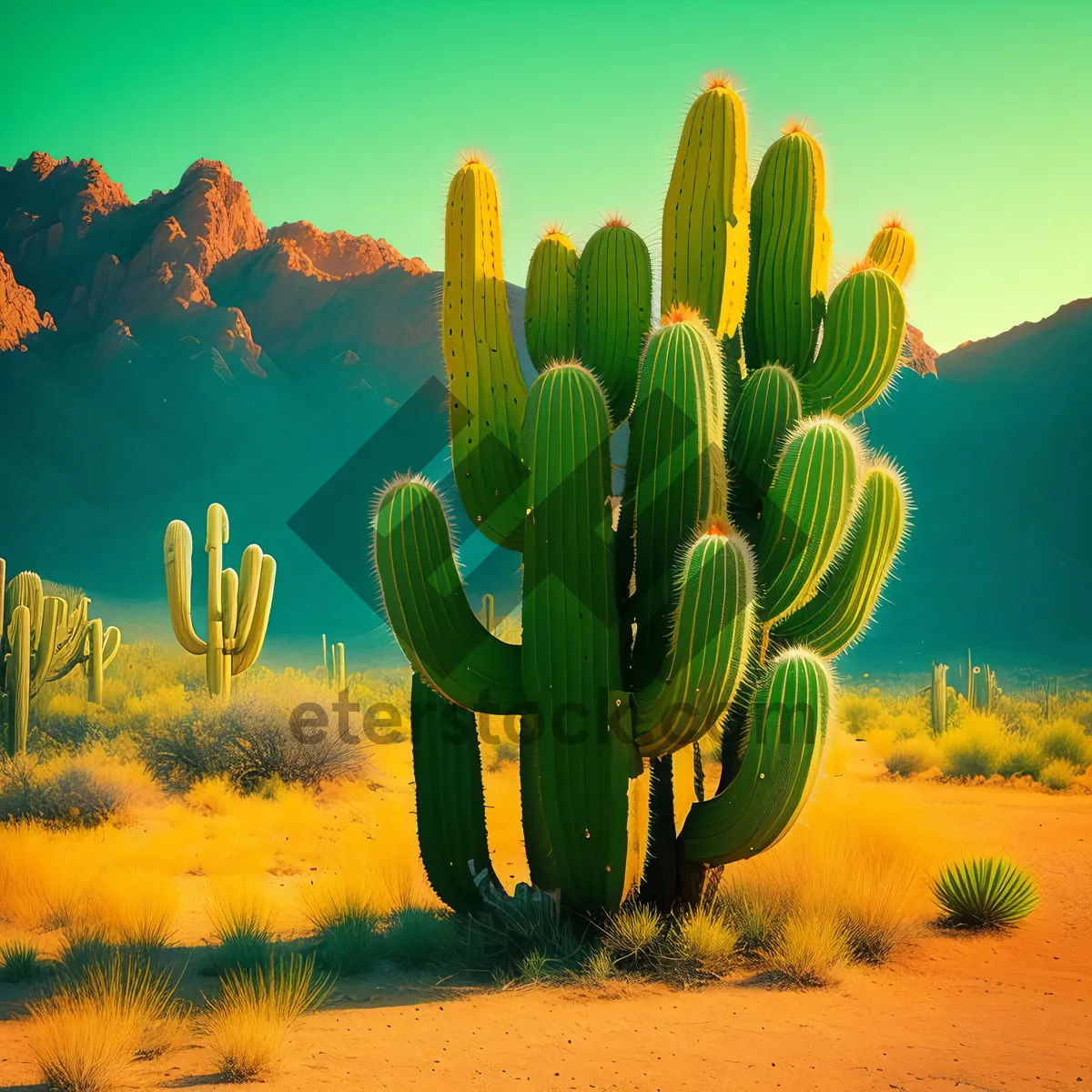 Picture of Colorful Desert Landscape with Saguaro Cactus and Sunset