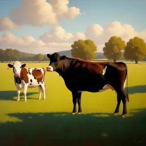 Idyllic Rural Landscape with Grazing Horse and Cows