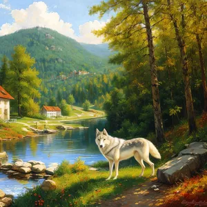 Autumn River Landscape with Canine in Forest