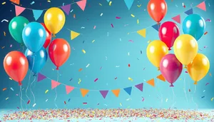 Colorful party decorations with balloons and ribbons.