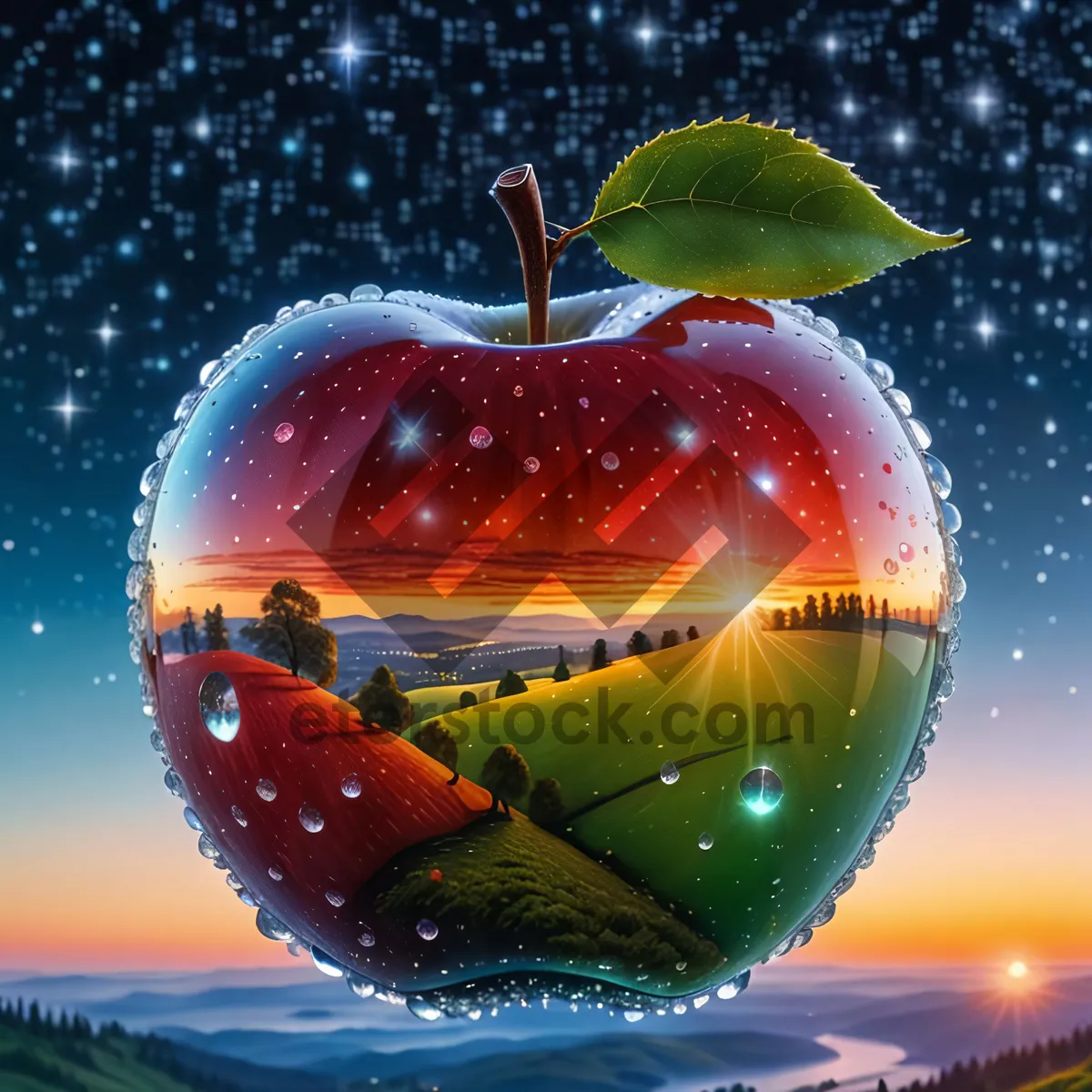 Picture of Red Delicious apple with globe and airship concept.