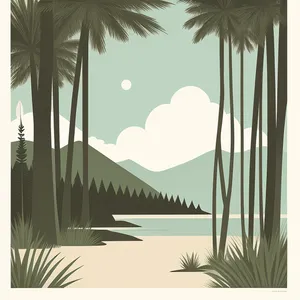 Serene Summer Seascape with Silhouetted Tree and Floral Patterns