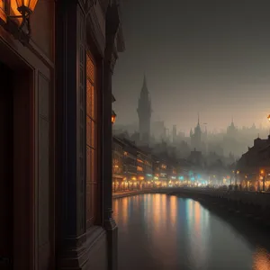 Urban Nighttime Reflections: Majestic Suspension Bridge Illuminated