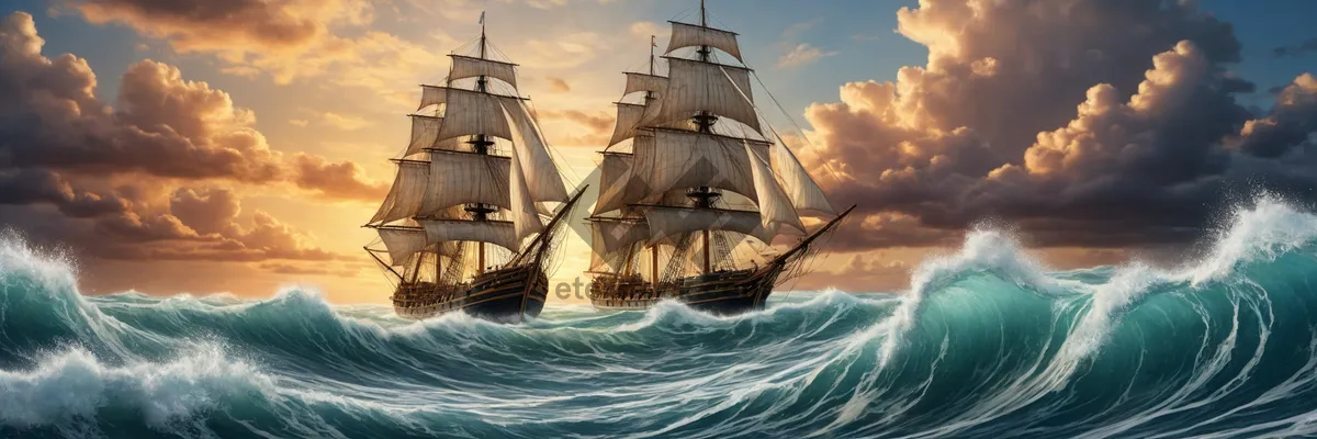 Picture of Pirate ship sailing on the open ocean.