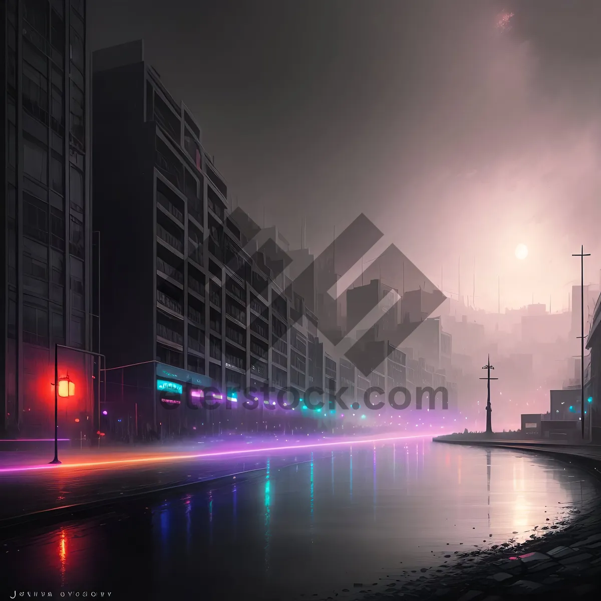 Picture of Urban skyline with illuminated suspension bridge over river