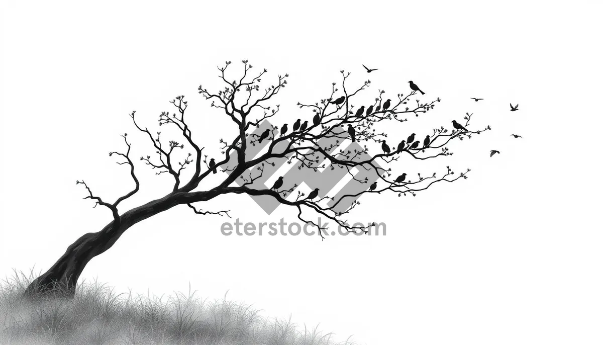 Picture of Black winter tree silhouette design with branch tracing.