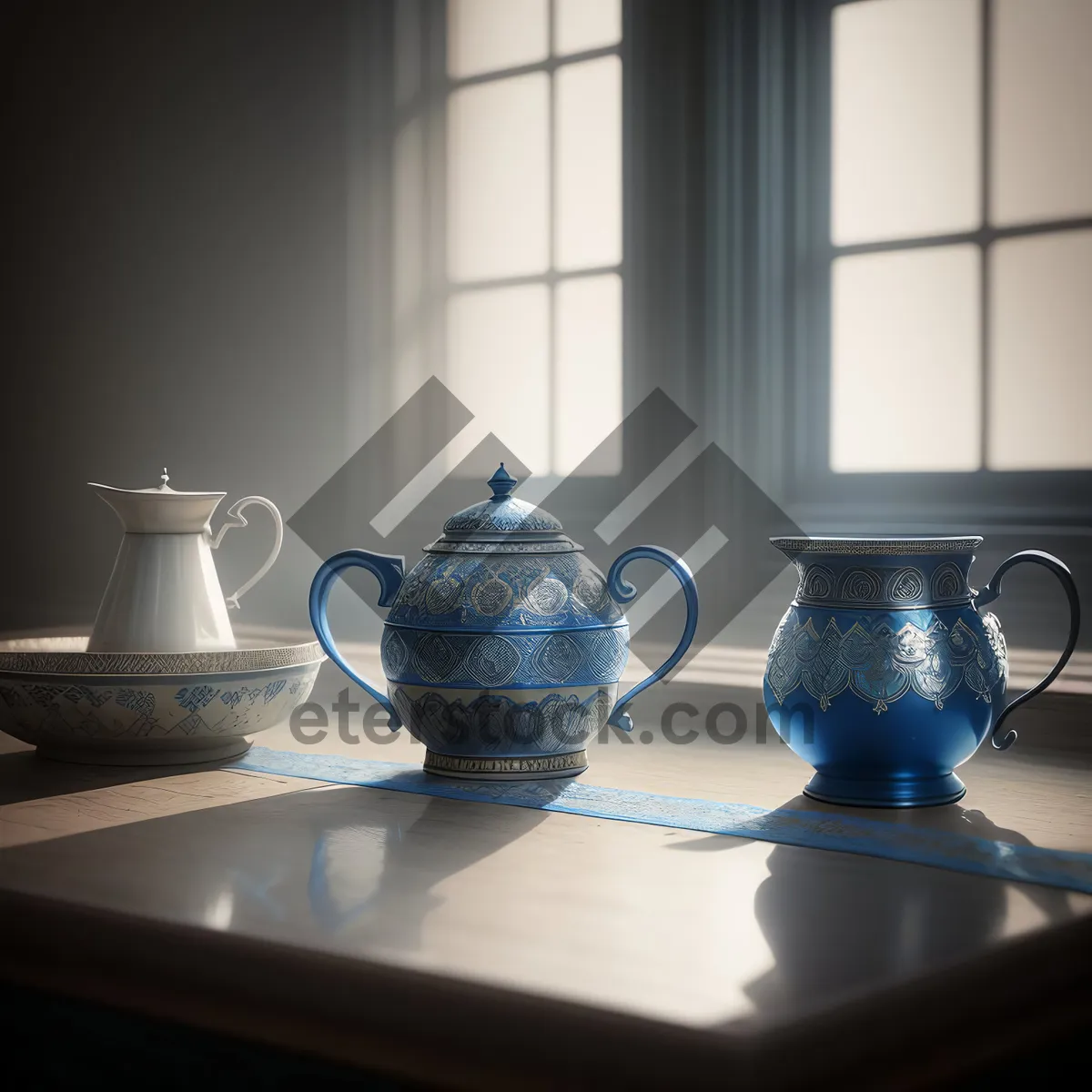 Picture of Traditional porcelain teapot and cup for morning tea.