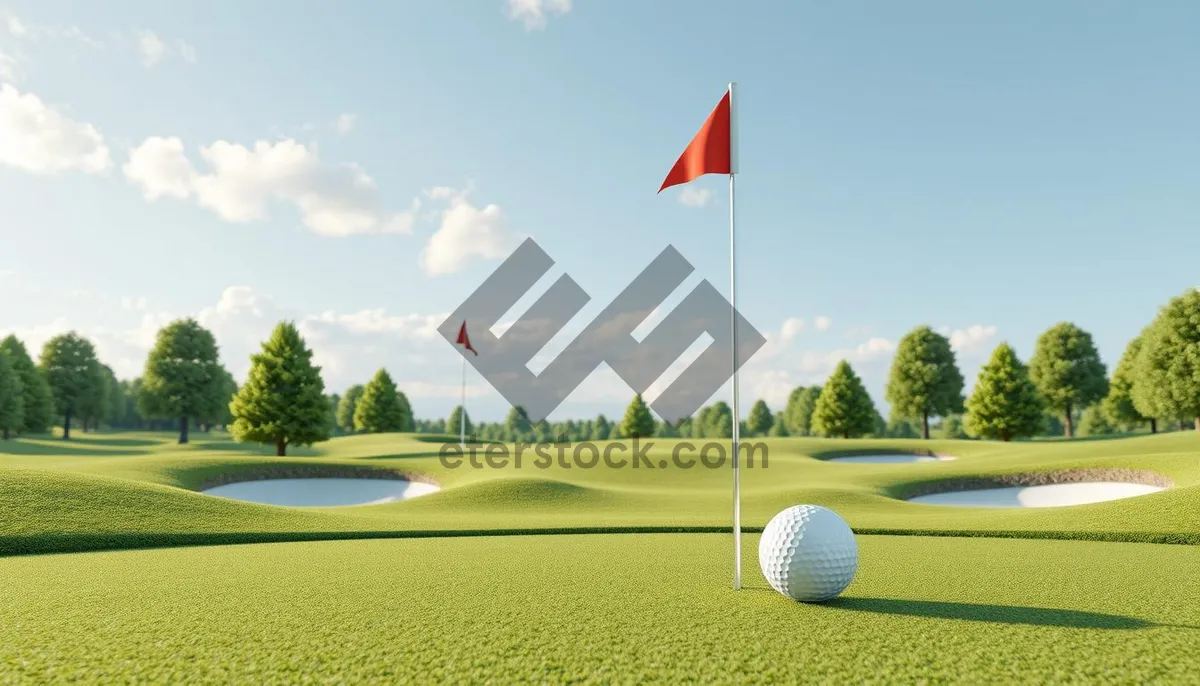 Picture of Golf player on green with flag in background.