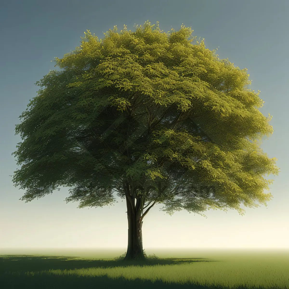 Picture of Serene Oak Tree Amidst Lush Countryside Landscape