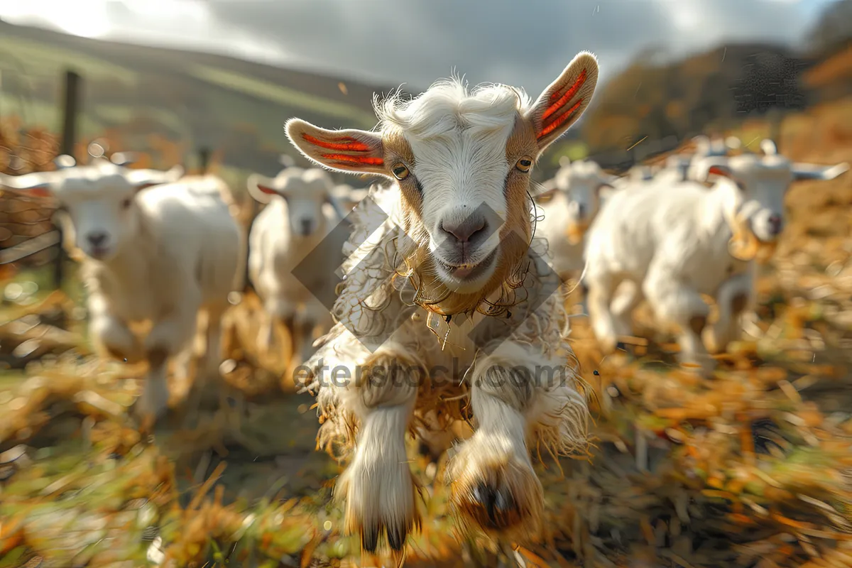 Picture of Brown countryside bull grazing on rural meadow grass.