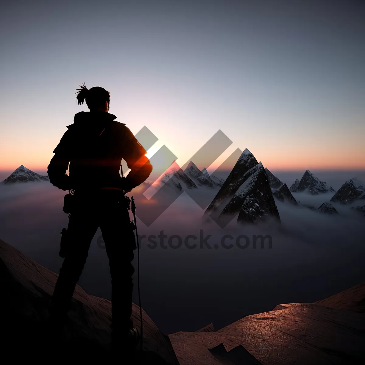 Picture of Adventurous mountain trekker reaching summit amidst snowy peaks