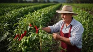 Happy man in summer hat gardening in field.