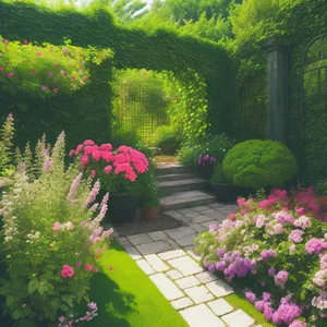 Serene Summer Garden with Lush Trees and Blooming Flowers