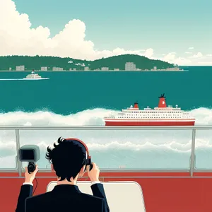 Traveler admiring cityscape from cruise ship deck