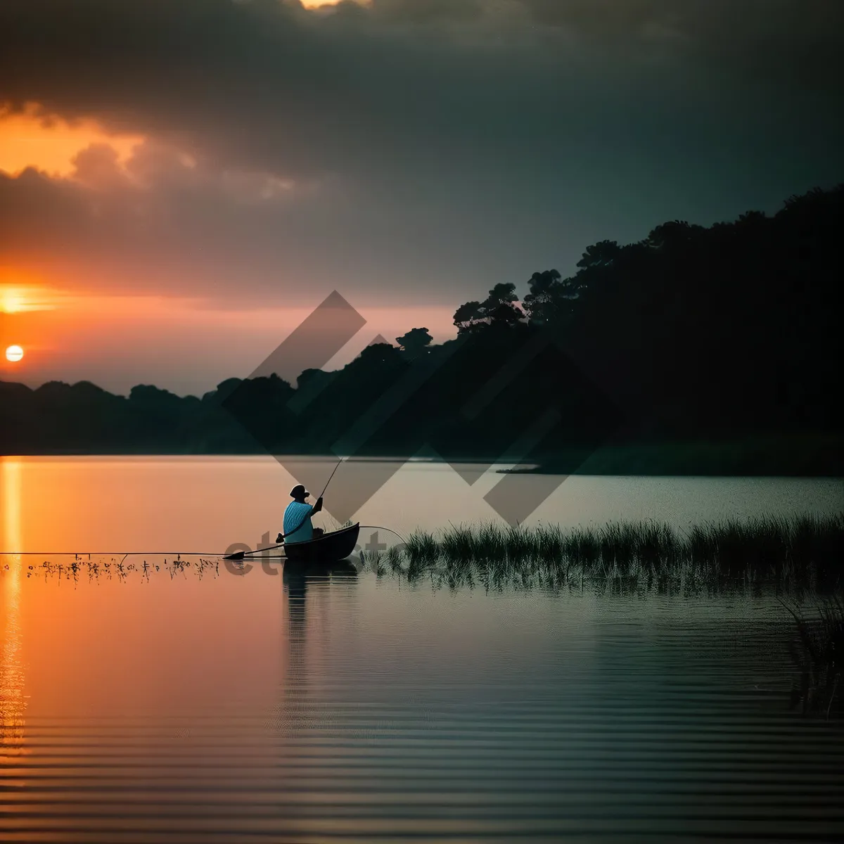 Picture of Serene Sunset Reflection on Lake with Kayak