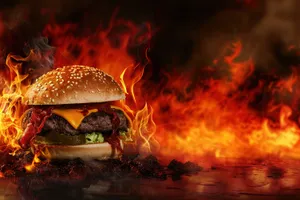 Flaming hot cheeseburger by fireplace