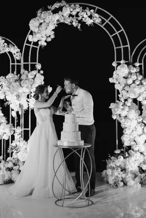 Happy bride and groom at wedding celebration