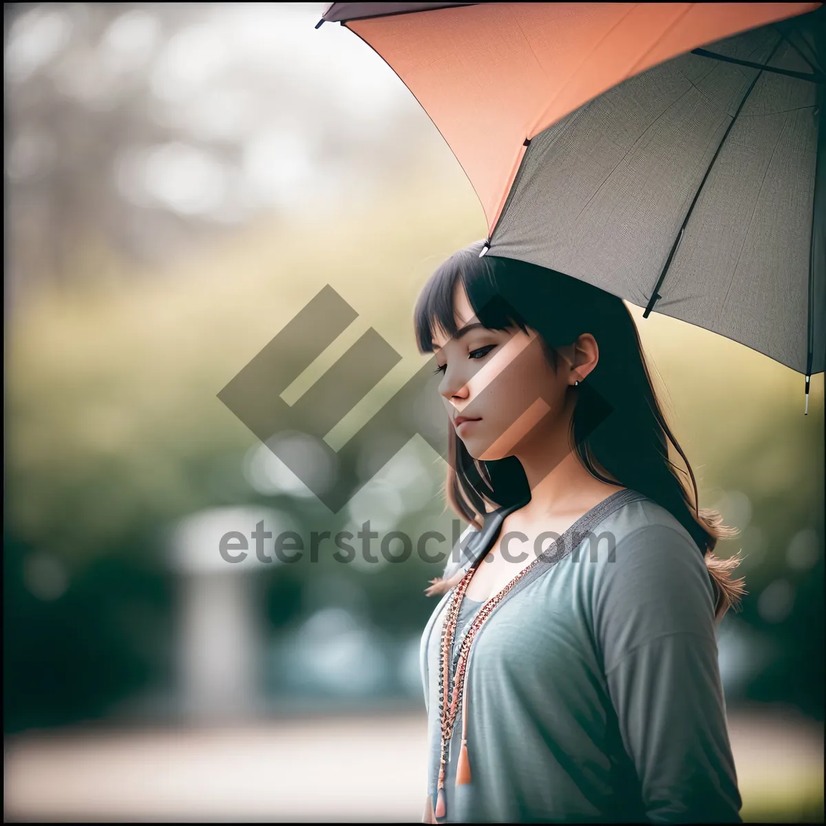 Picture of Happy Smiling Woman with Pretty Parasol in Rain