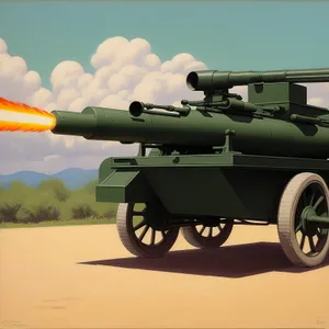 Skyline's Armored Arsenal: High-Angle Field Artillery Engaged in Military Battle