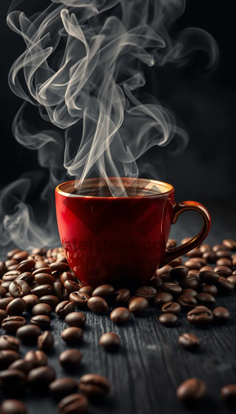 Picture of Hot Espresso in Dark Cup with Spoon