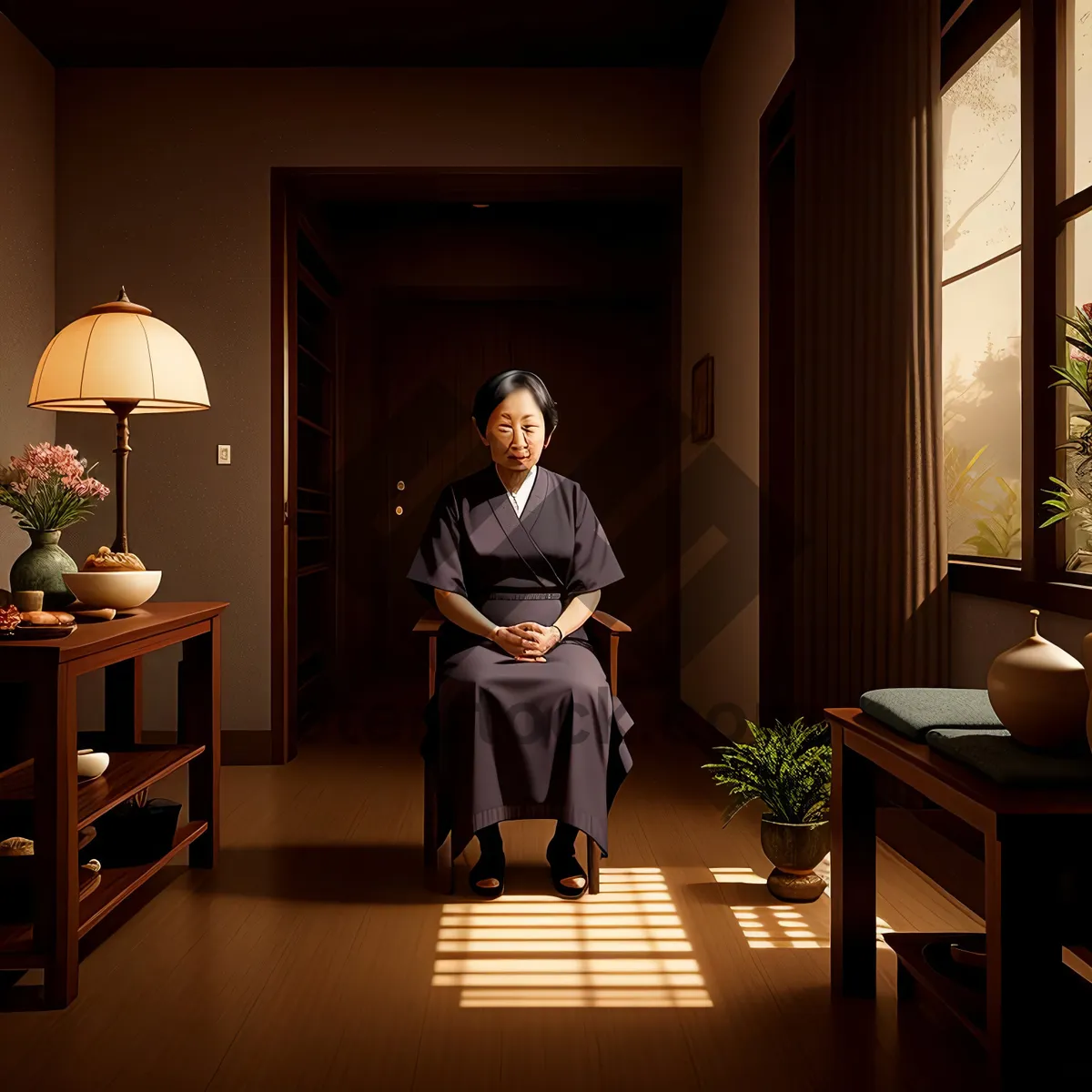 Picture of Professional teacher sitting at a classroom desk.