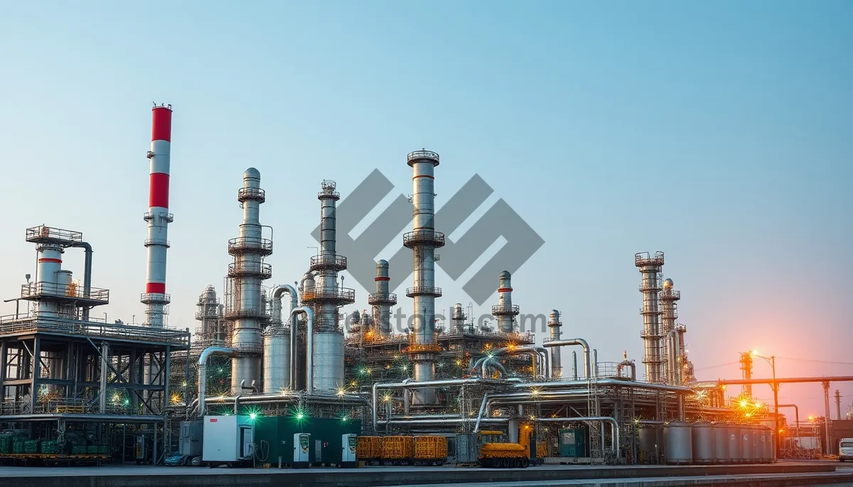 Picture of Night city skyline with industrial factories along waterfront.