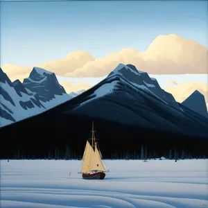 Snow-covered mountains and iceboat sailing on frozen lake