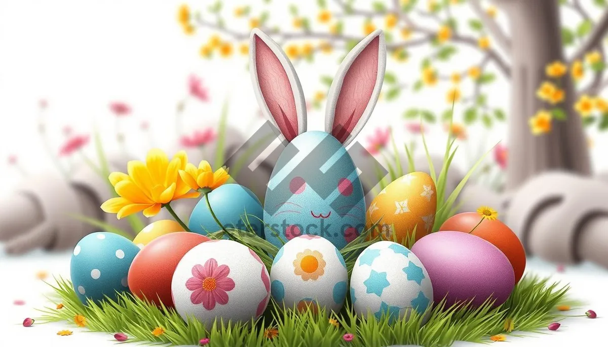 Picture of Colorful Easter Eggs and Bunny in Spring Garden