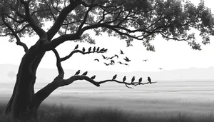 Seasonal Oak Tree Landscape with Blue Sky