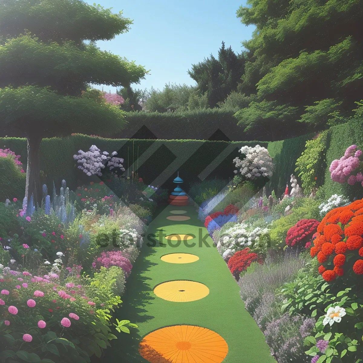 Picture of Summer Garden Path with Blooming Flowers