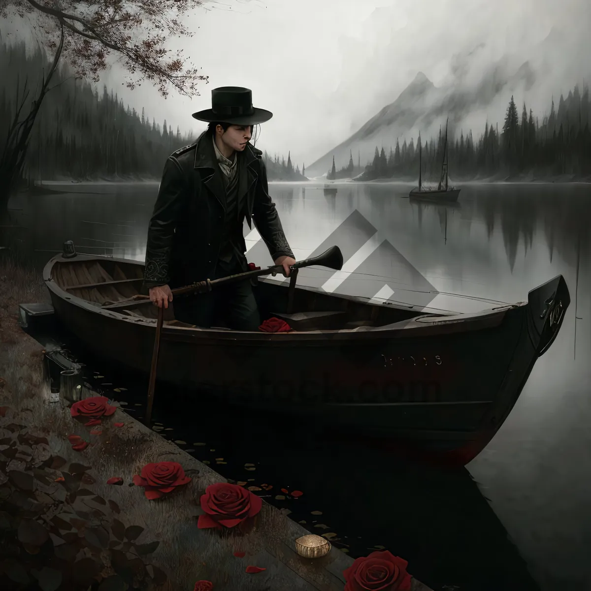 Picture of Vacation on the Lake: Boat with Paddle Oar