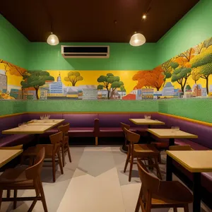 Modern restaurant interior with luxury wood furniture.