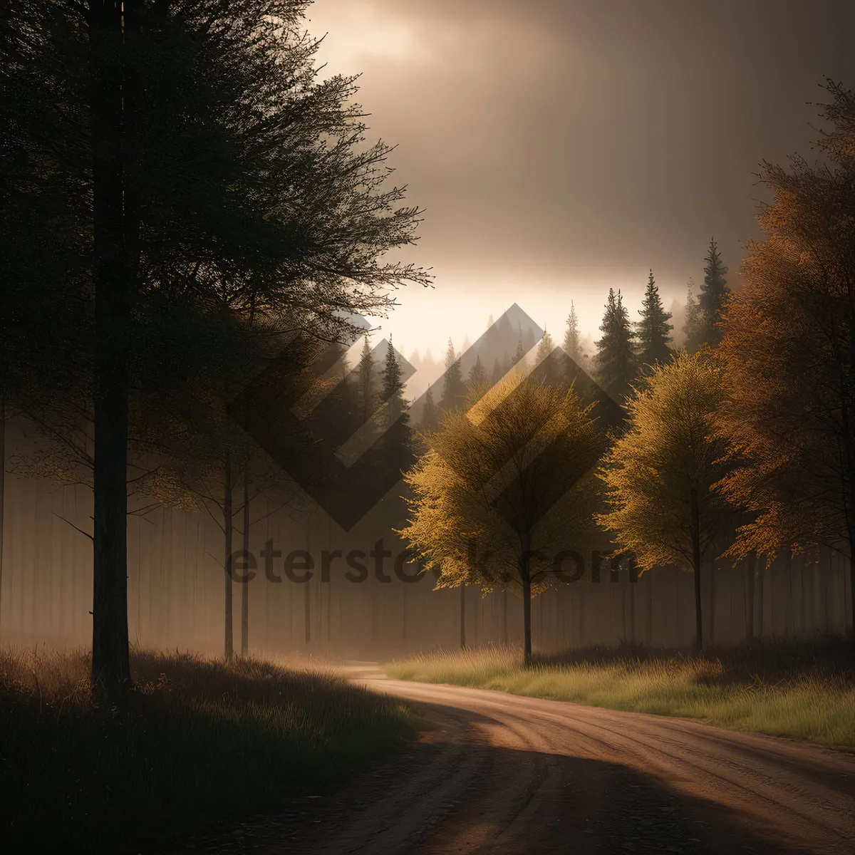 Picture of Golden Sunset over Majestic Tree-Lined Landscape