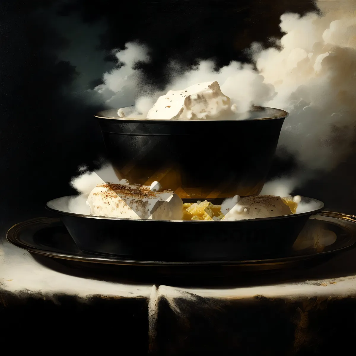 Picture of Hot flame heats black wok over fireplace.