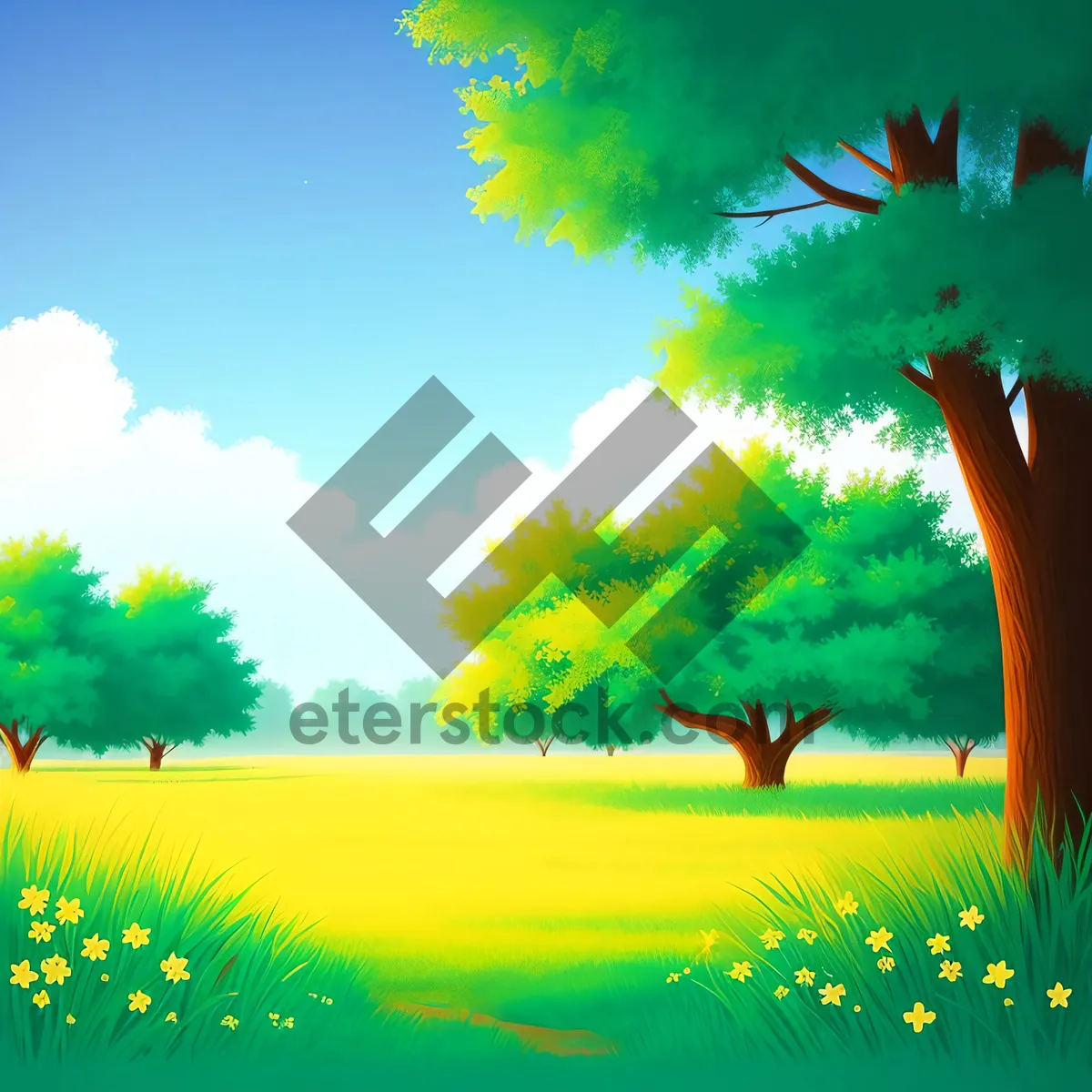 Picture of Sunny Meadow Landscape with Oak Tree and Clouds