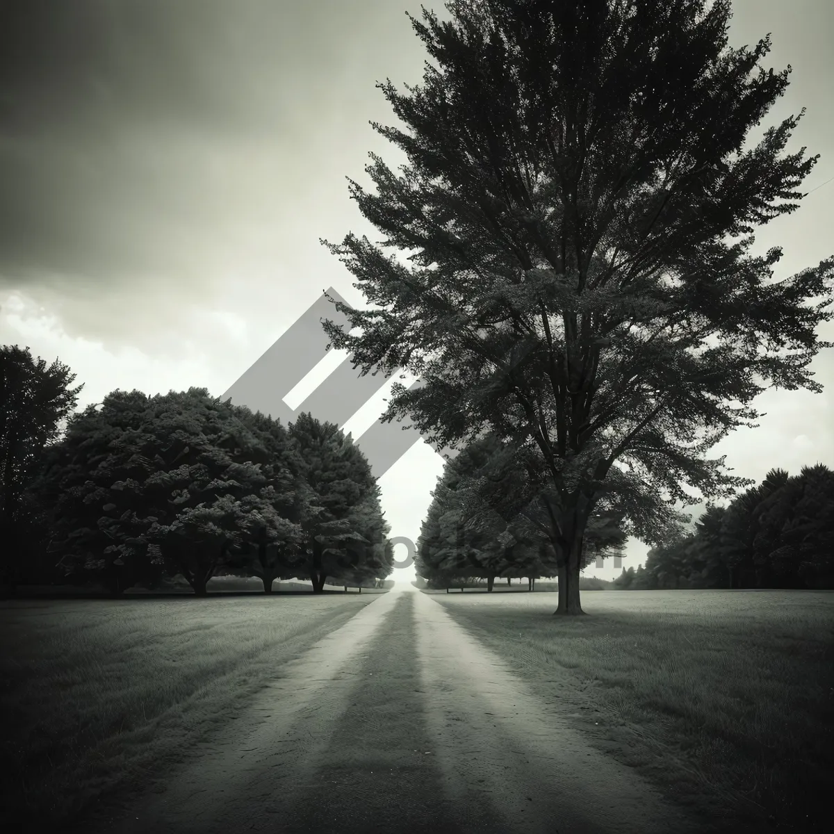 Picture of Sun-kissed countryside road engulfed in scenic greenery and towering trees.